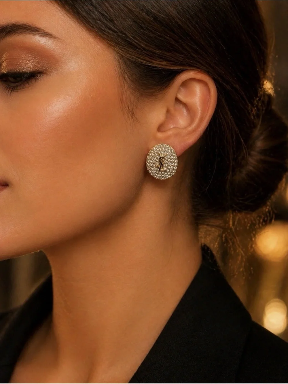 Yves Saint Laurent Gold Crystal Monogram Oval Button Earrings - Gold
